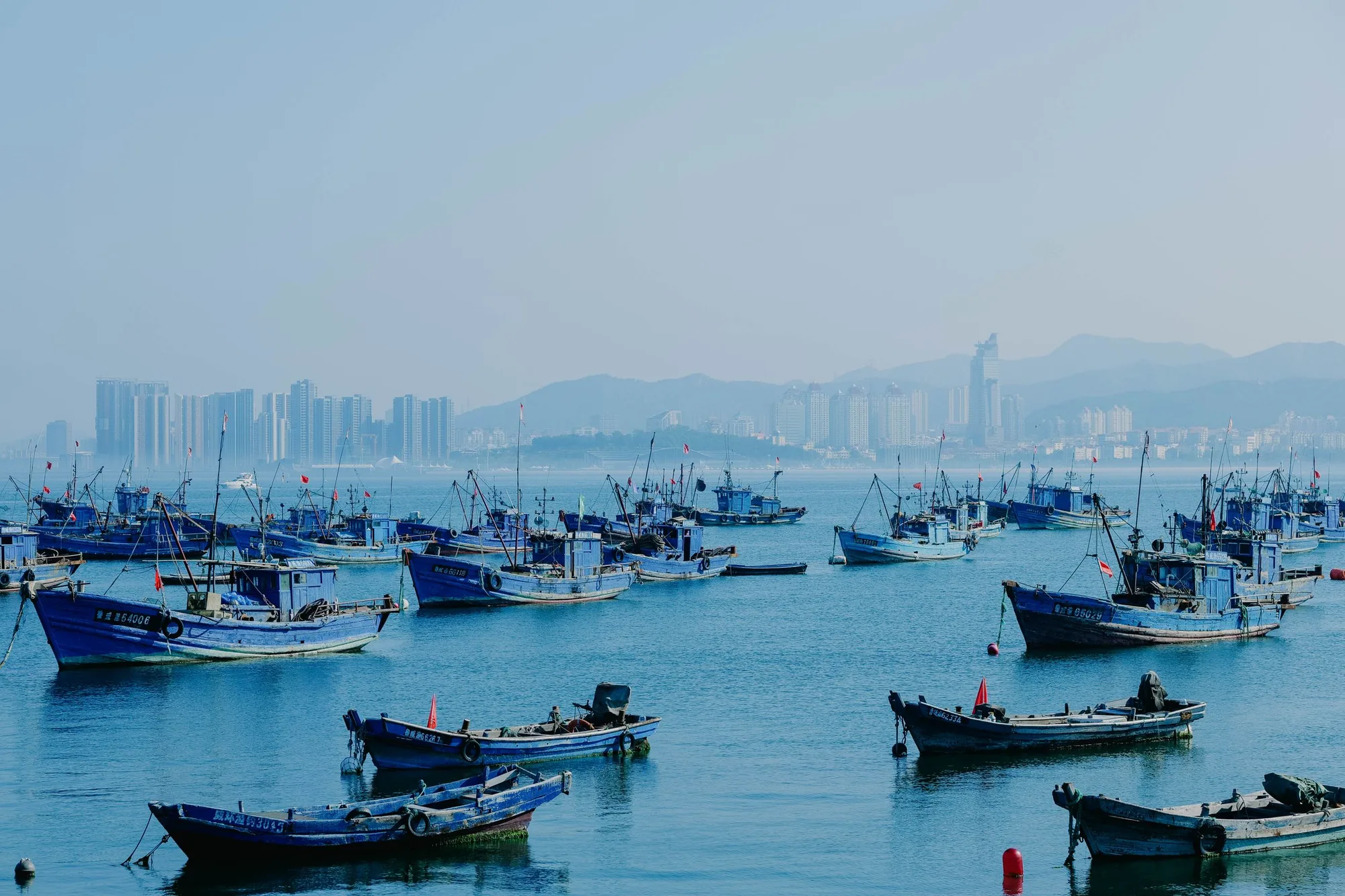 威海湾的渔船与城市天际线